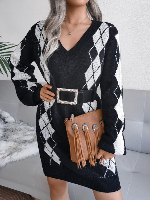 Cozy Rhombus Knit Sweater Dress
