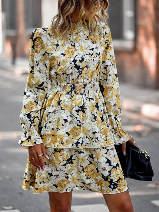 Floral Print Long Sleeve Ruffle Vacation Dress