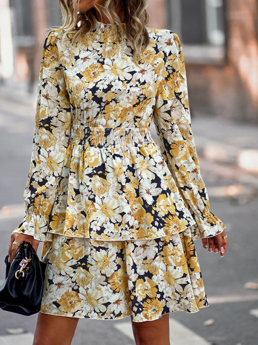 Floral Print Long Sleeve Ruffle Vacation Dress