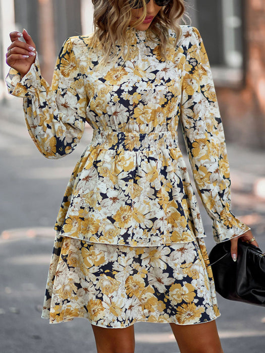 Floral Print Long Sleeve Ruffle Vacation Dress