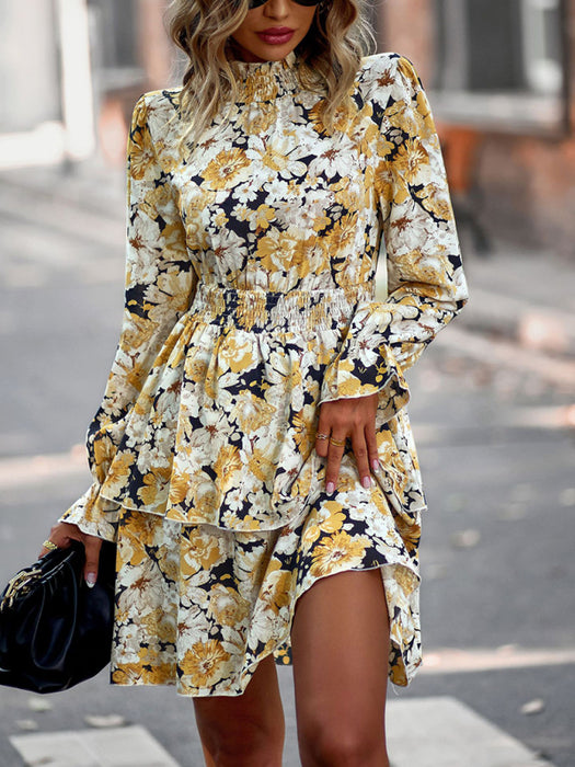 Floral Print Long Sleeve Ruffle Vacation Dress