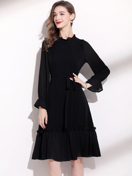 Sophisticated Fungus Belted Long Sleeve Dress