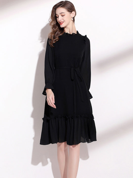 Sophisticated Fungus Belted Long Sleeve Dress