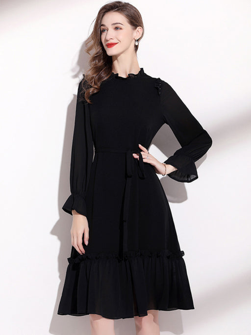 Sophisticated Fungus Belted Long Sleeve Dress