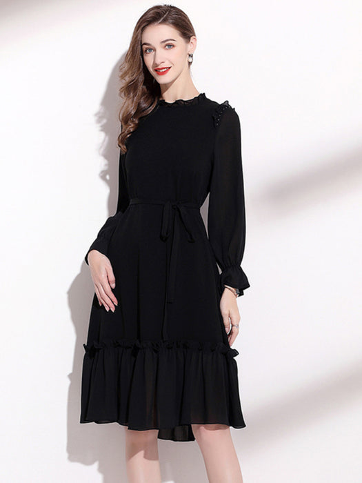 Sophisticated Fungus Belted Long Sleeve Dress