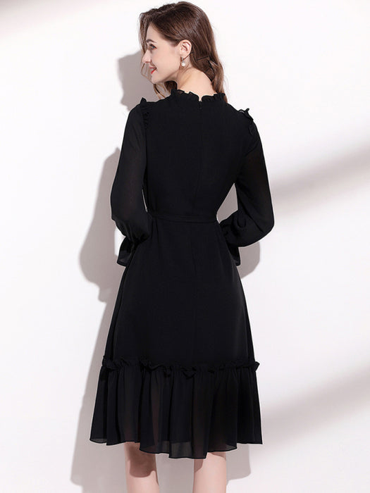 Sophisticated Fungus Belted Long Sleeve Dress