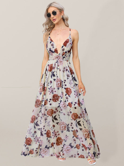 Bohemian V-Neck Printed Maxi Dress with Suspender Straps