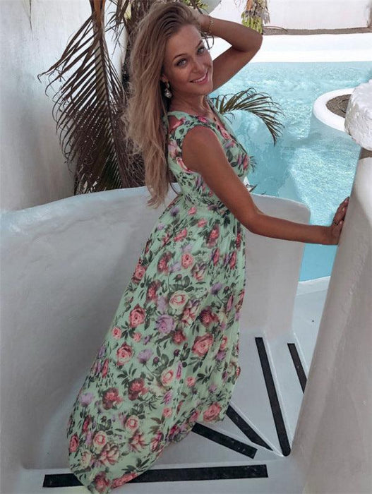 Elegant Sleeveless Floral Chiffon Maxi Dress for Beach Getaways