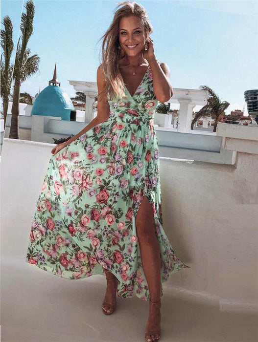 Elegant Sleeveless Floral Chiffon Maxi Dress for Beach Getaways