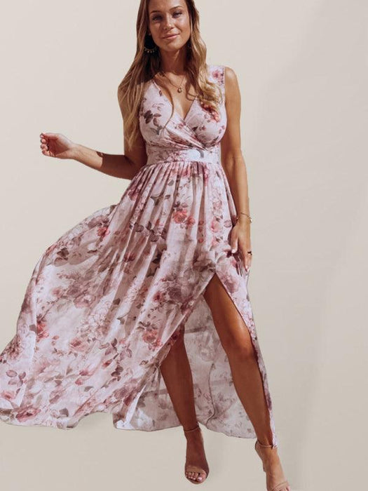 Elegant Sleeveless Floral Chiffon Maxi Dress for Beach Getaways