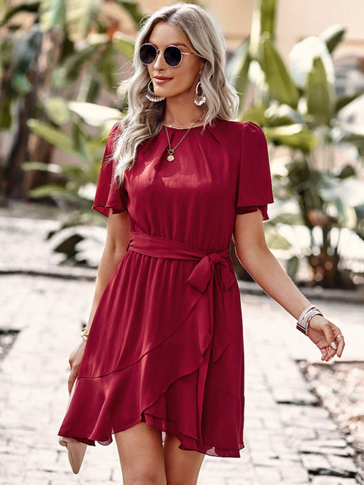 Women's Solid Color Elegant Round Neck Pleated Dress