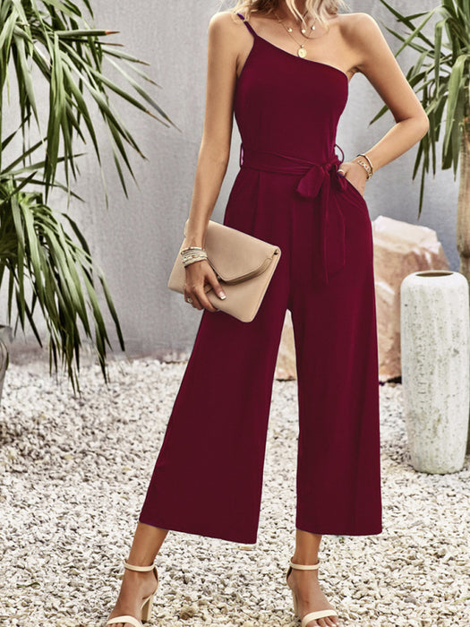 Women's solid color one-shoulder tie jumpsuit