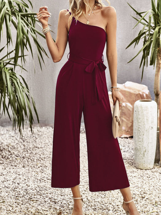 Women's solid color one-shoulder tie jumpsuit