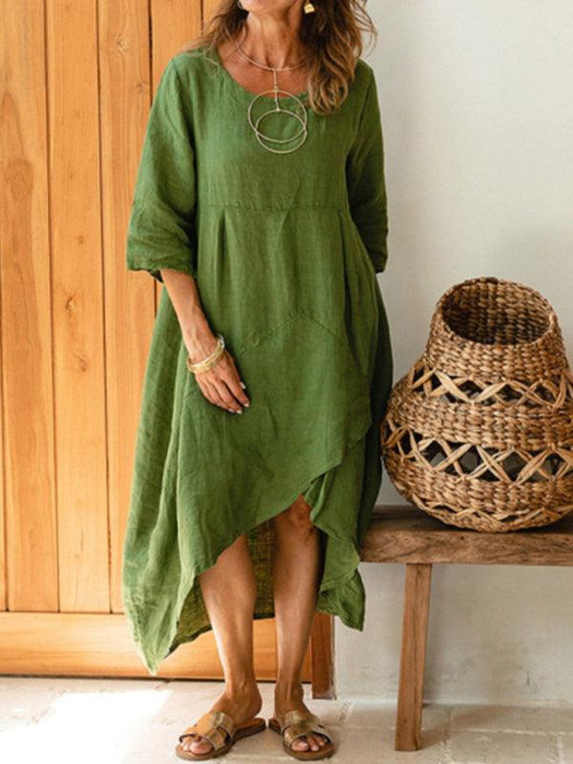 Elegant Cotton Linen Midi Dress: Casual Round Neck with Stylish Three-Quarter Sleeves