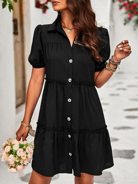 Sophisticated Lapel Collar Puff Sleeve Dress for Fashionable Ladies