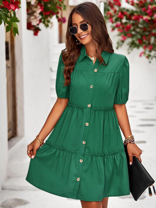 Sophisticated Lapel Collar Puff Sleeve Dress for Fashionable Ladies