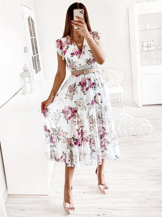 Elegant Ruffled Sleeve Floral V-Neck Dress for Modern Women