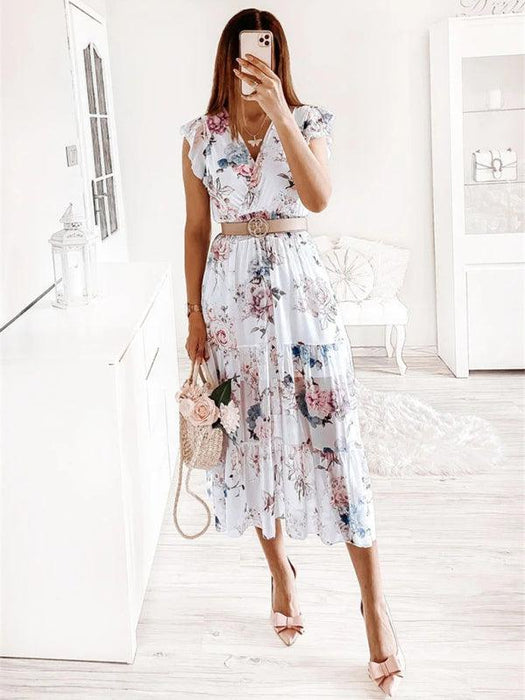 Elegant Ruffled Sleeve Floral V-Neck Dress for Modern Women