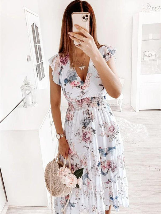 Elegant Ruffled Sleeve Floral V-Neck Dress for Modern Women