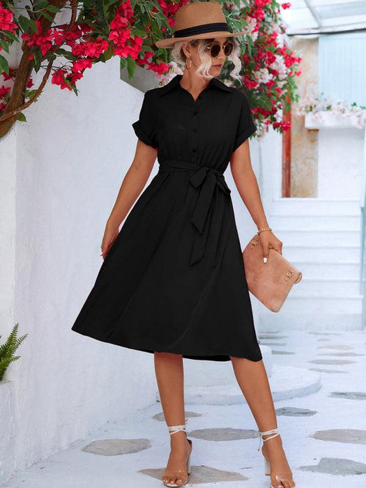 Elegant Button-Down Shirt Dress with Adjustable Waist Tie - Fashionable and Multi-Functional Design