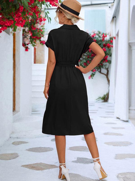 Elegant Button-Down Shirt Dress with Adjustable Waist Tie - Fashionable and Multi-Functional Design