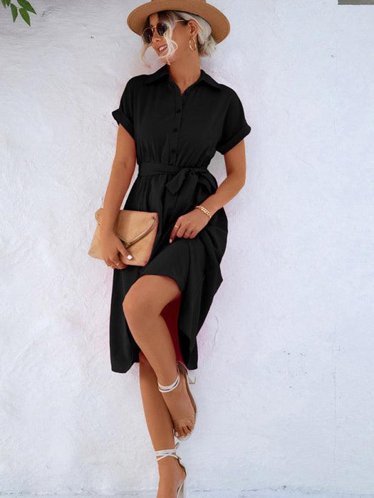 Elegant Button-Down Shirt Dress with Adjustable Waist Tie - Fashionable and Multi-Functional Design