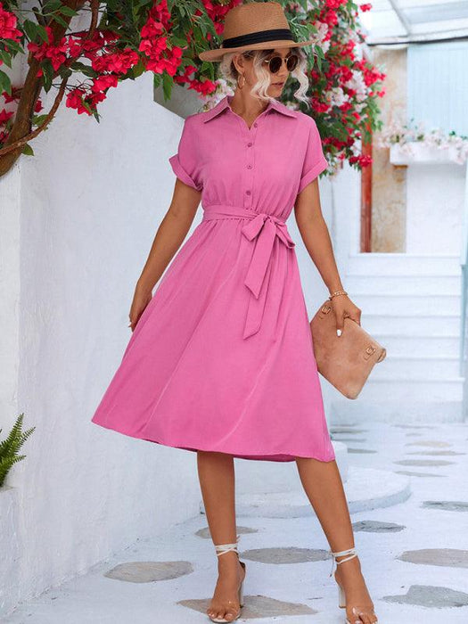 Elegant Button-Down Shirt Dress with Adjustable Waist Tie - Fashionable and Multi-Functional Design