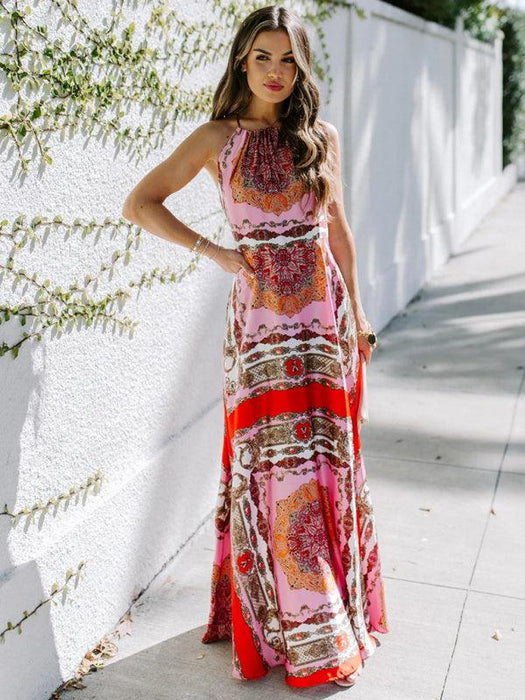 Sultry Crimson Boho Halter Maxi Dress for Effortless Charm