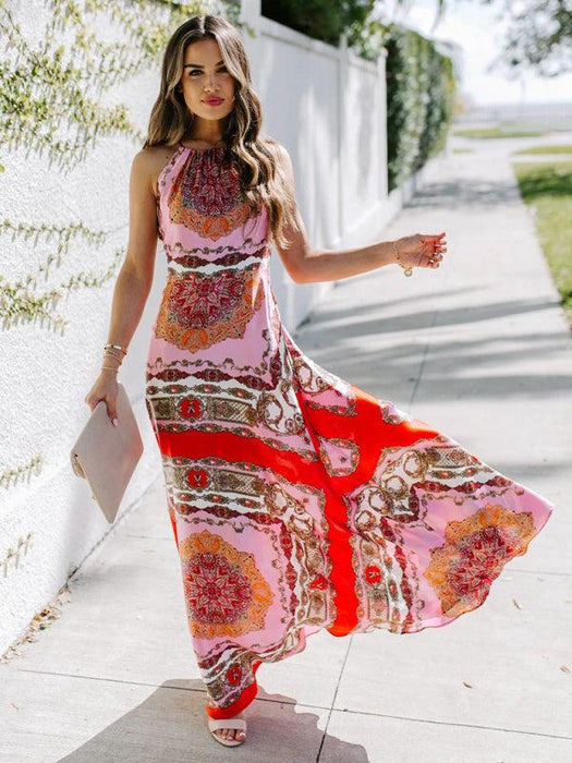 Sultry Crimson Boho Halter Maxi Dress for Effortless Charm