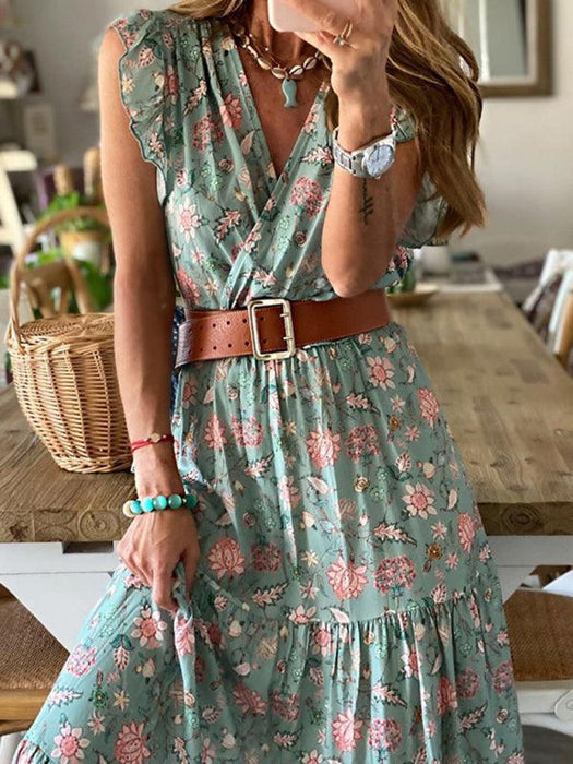 Chic V-Neck Floral Dress - Perfect Blend of Comfort and Style