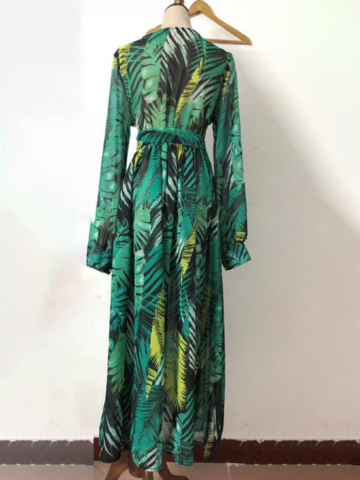 Tropical Leaf Print V-Neck Swing Dress with Lantern Sleeves