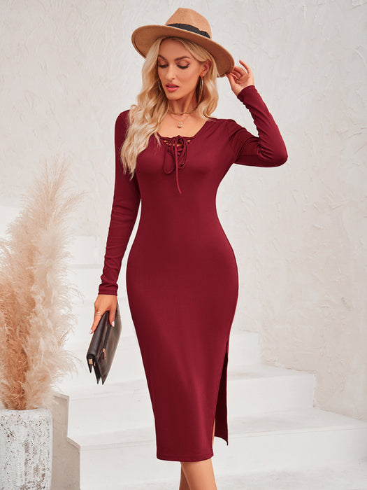 New casual women's fashion solid color collar tie sexy knitted dress