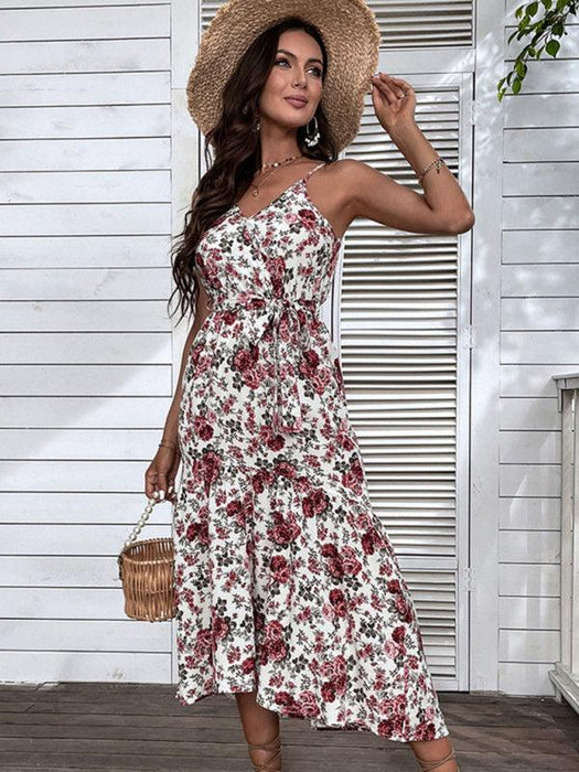 Elegant Floral Midi Dress with Trendy Sling Detail for Women