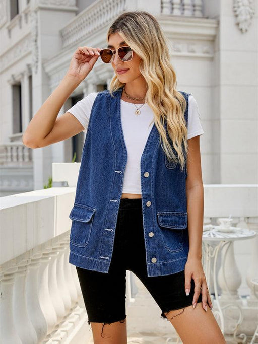 Chic Women's Distressed Denim Vest with Functional Pockets