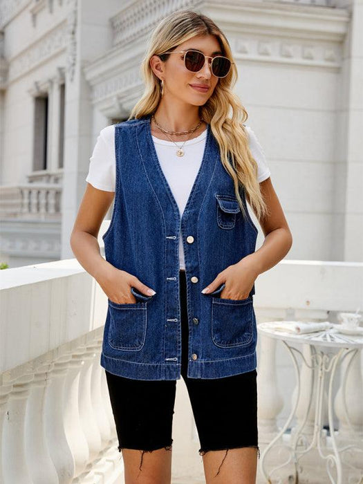 Chic Women's Distressed Denim Vest with Functional Pockets