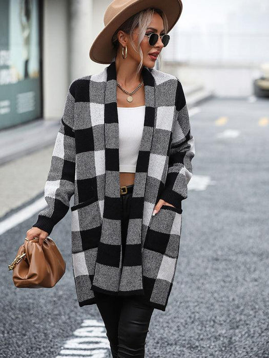 Plush Tartan Knit Cardigan - Trendy Winter Sweater for Women