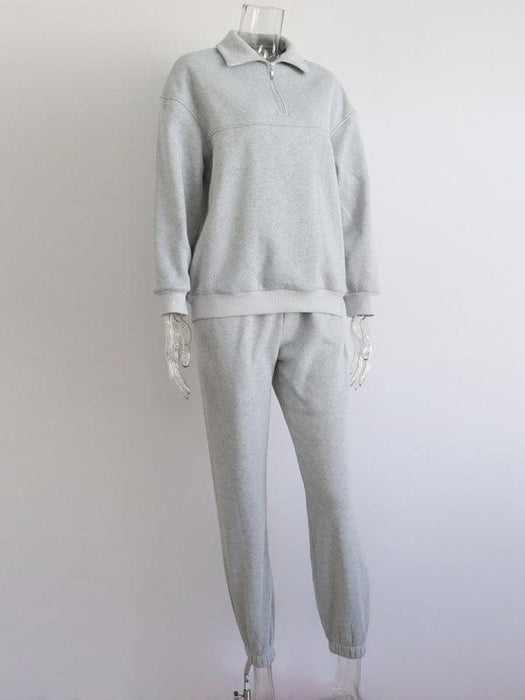 Relaxed Fit Zip-Up Sweater Set with Dropped Shoulder Sleeves & Stand Collar