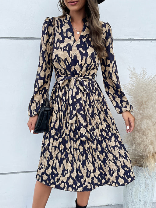 Leopard Print Elegance: Stylish Long Sleeve Dress with Pleated Hem - Sophisticated and Classy