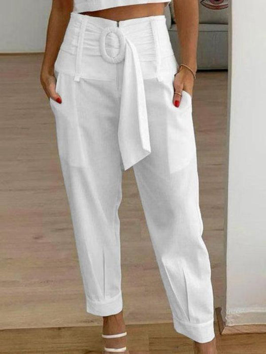 Chic Solid Color Cropped Trousers in Linen and Cotton Blend for Women