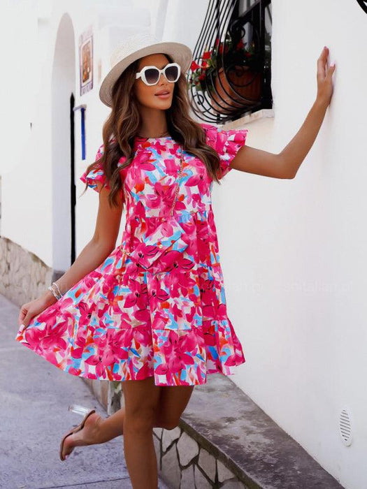 Floral Trumpet Sleeve Dress with Asymmetrical Hem - Effortless Chic for Any Event