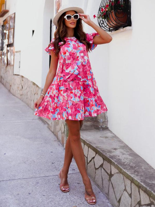 Floral Trumpet Sleeve Dress with Asymmetrical Hem - Effortless Chic for Any Event