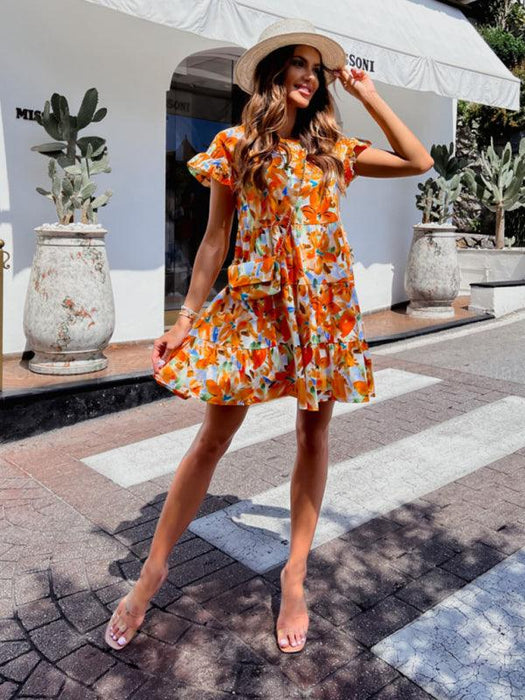 Floral Trumpet Sleeve Dress with Asymmetrical Hem - Effortless Chic for Any Event