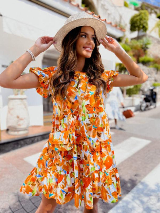 Floral Trumpet Sleeve Dress with Asymmetrical Hem - Effortless Chic for Any Event