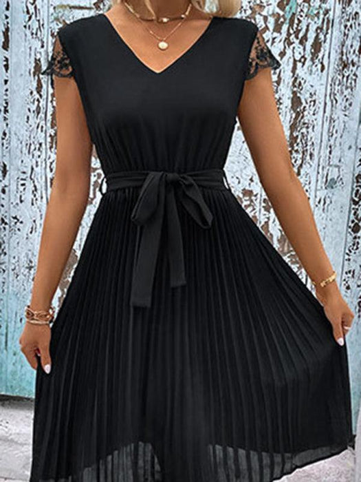 Elegant Lace-Embellished Pleated Dress for Stylish Women