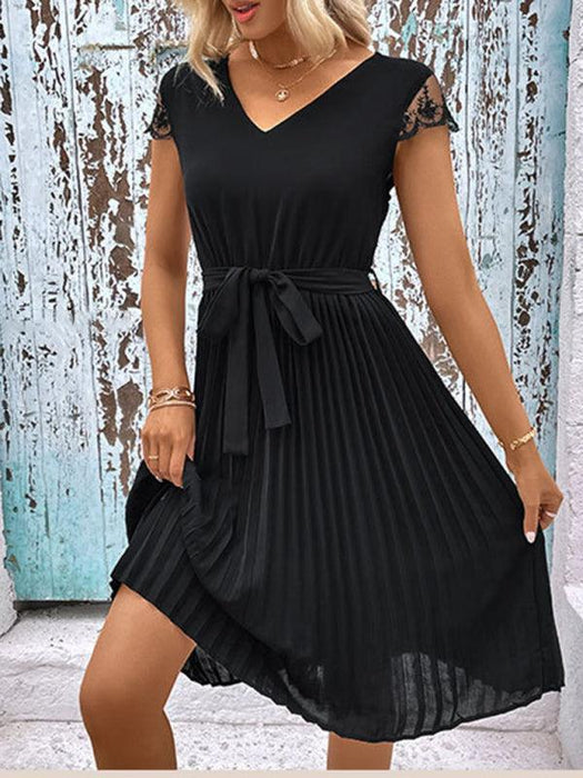 Elegant Lace-Embellished Pleated Dress for Stylish Women