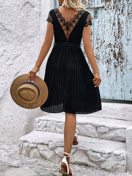 Elegant Lace-Embellished Pleated Dress for Stylish Women