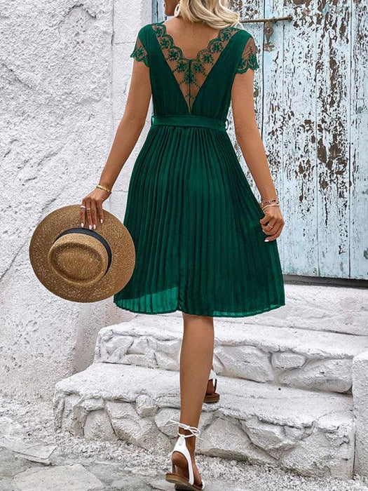 Elegant Lace-Embellished Pleated Dress for Stylish Women