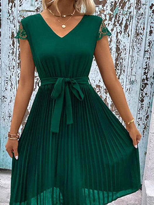 Elegant Lace-Embellished Pleated Dress for Stylish Women