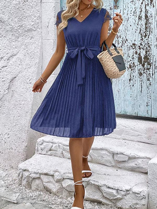 Elegant Lace-Embellished Pleated Dress for Stylish Women