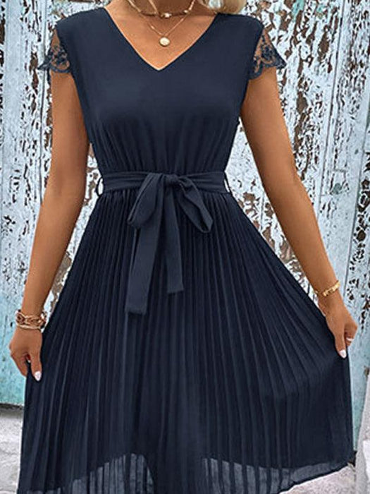 Elegant Lace-Embellished Pleated Dress for Stylish Women